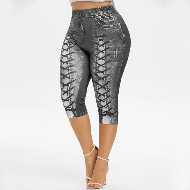 Cộng với kích thước phụ nữ yoga quần legging ngắn giả nữ denim ngắn quần hoa in quần short nữ Color: Style 3--Color 10 Size: S