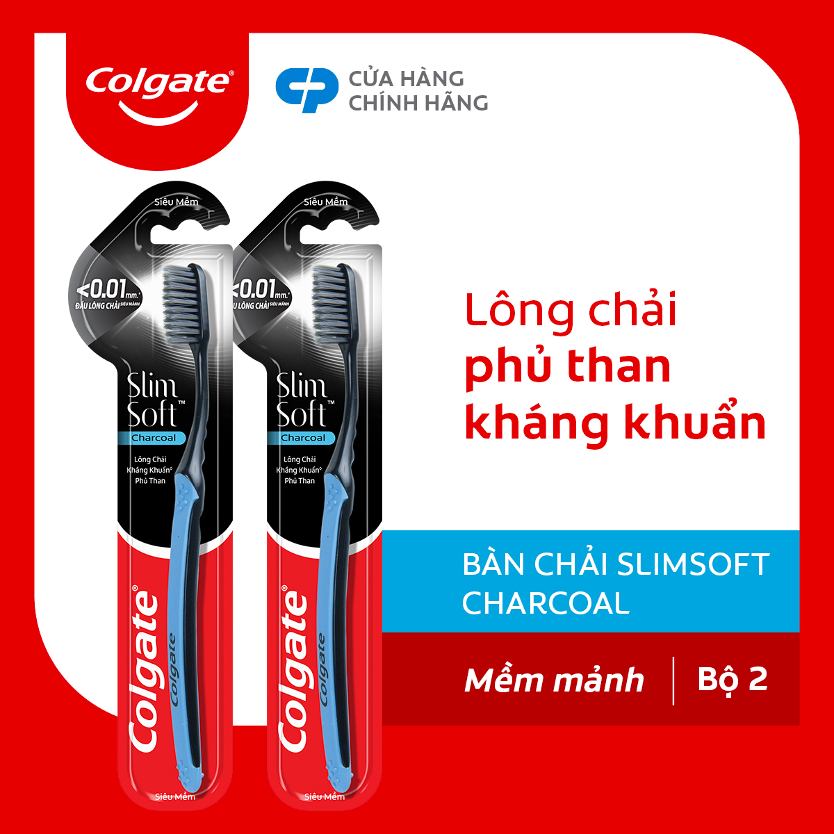 Bộ đôi bàn chải đánh răng Colgate than hoạt tính kháng vi khuẩn SlimSoft Charcoal mềm mảnh