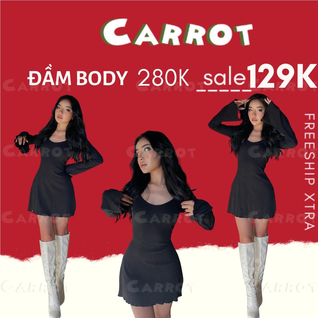 Đầm body sexy tay dài loe carrotxinhdep váy ôm eo màu đen ngắn dự tiệc chất thun gân co giãn