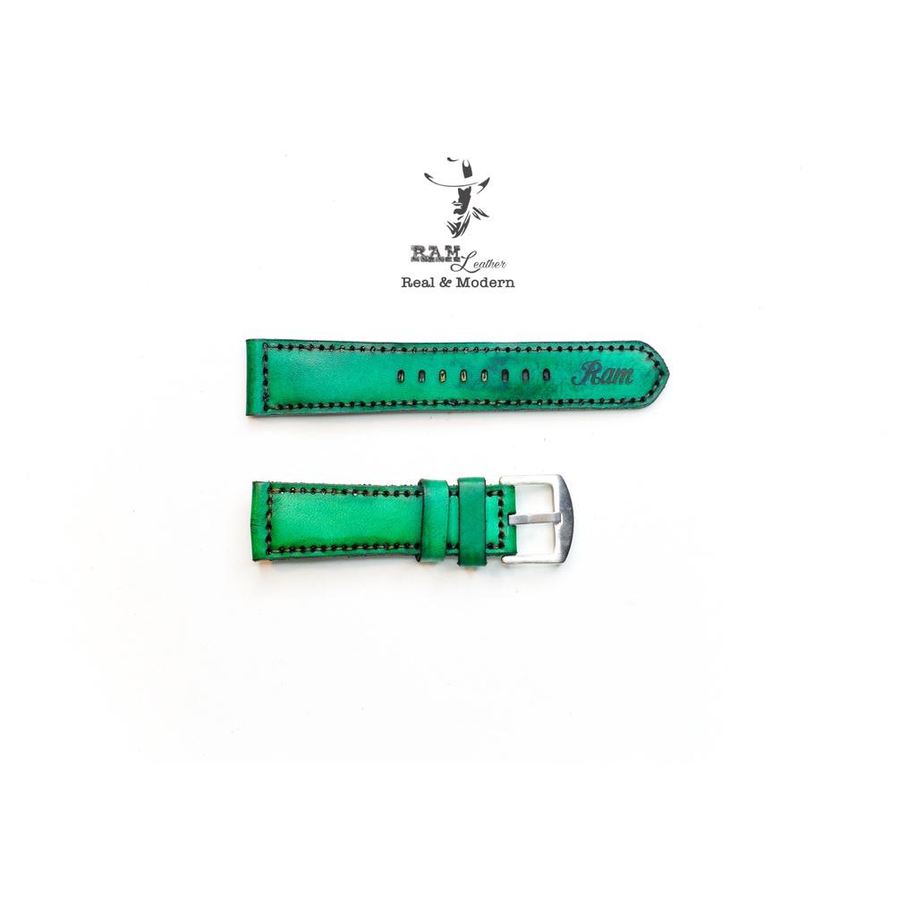 Dây đồng hồ da bò thảo mộc vegtan xanh ngọc handmade bền chắc RAM Leather
