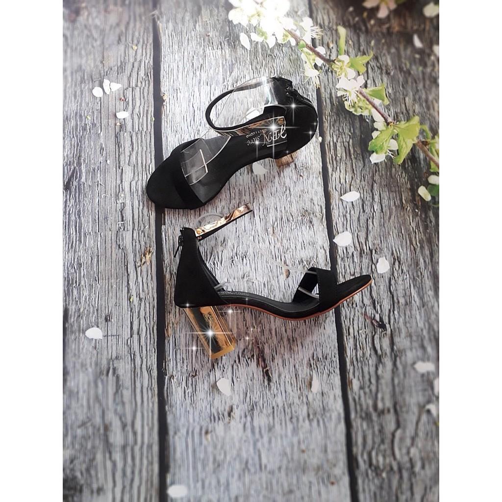Giày cao gót sandal 7 phân quai đen cổ gót đồng __LZ151