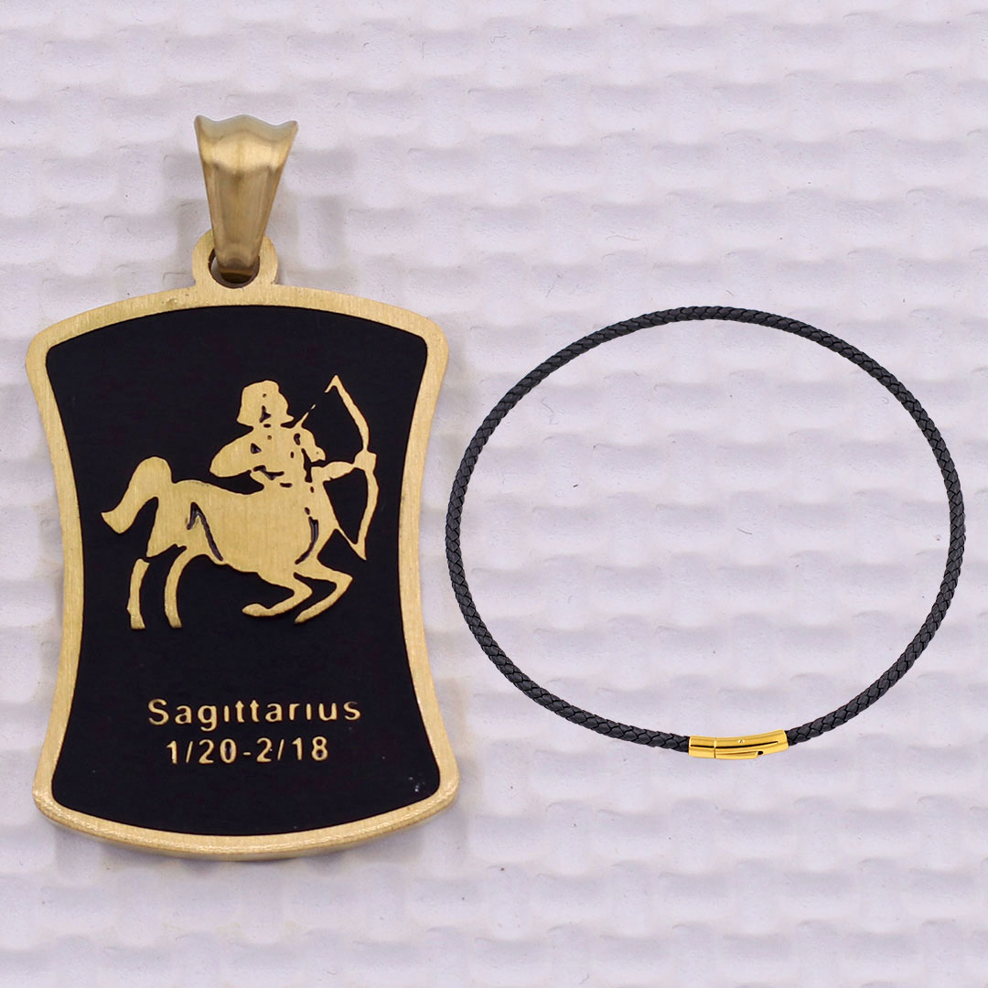 Mặt dây chuyền cung Nhân Mã - Sagittarius inox vàng kèm vòng cổ dây da đen, Cung hoàng đạo