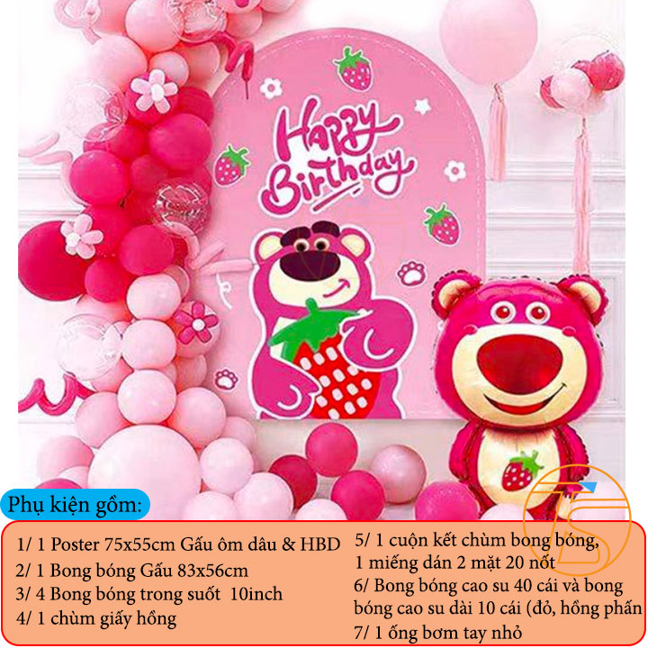 Set trang trí sinh nhật poster hình gấu ôm dâu cho bé kèm ống bơm tay