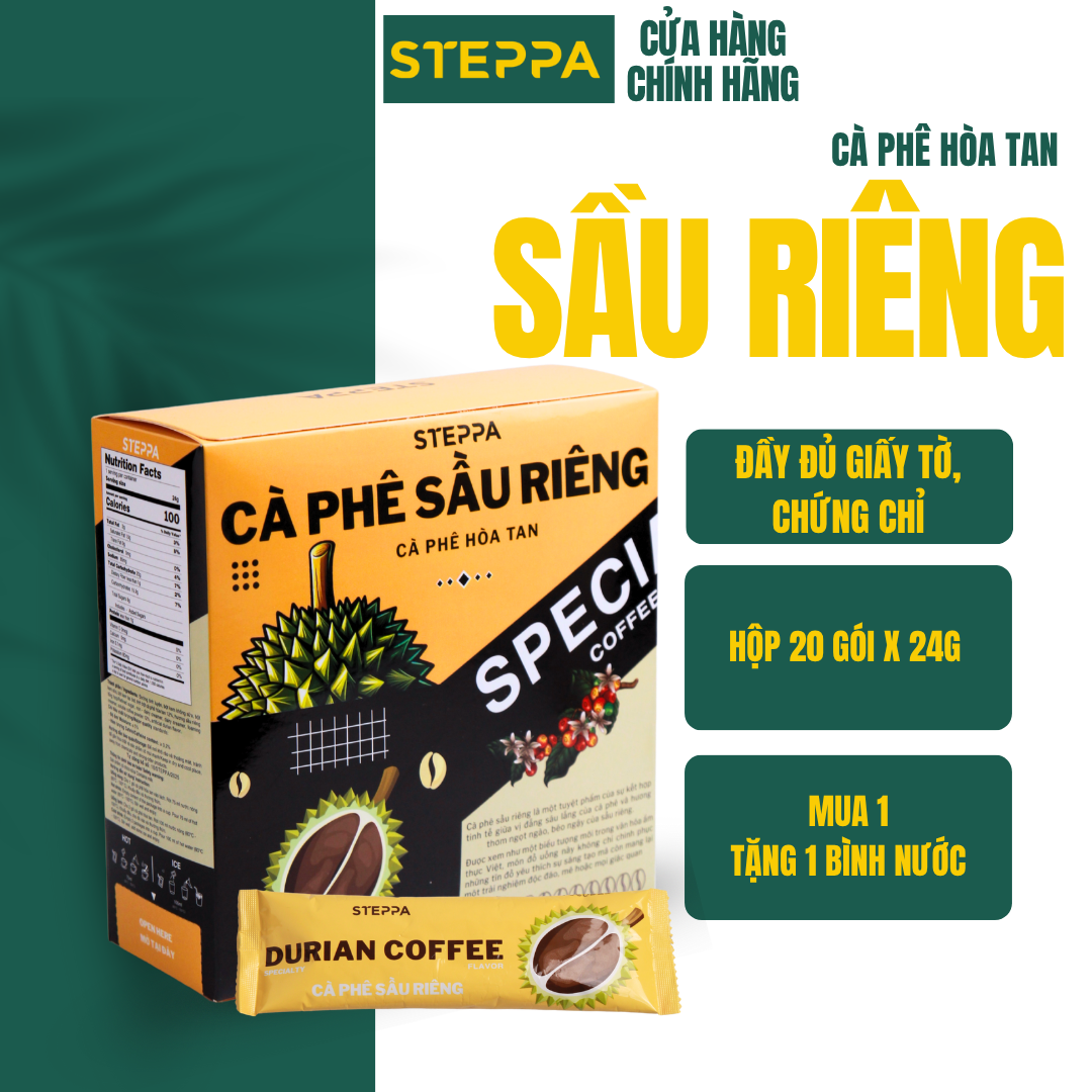 STEPPACAFE-Cà phê hòa tan SẦU RIÊNG 4in1 (Hộp 20 gói x 24g)
