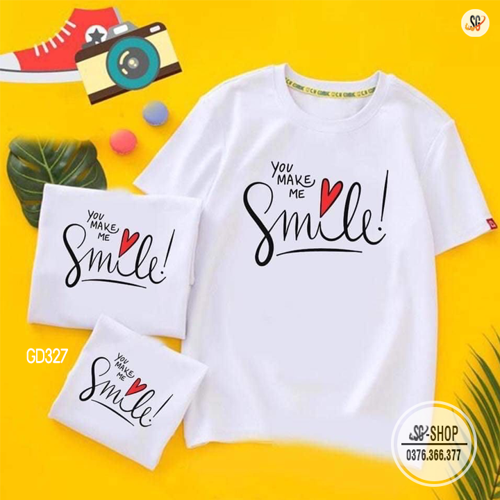 Áo gia đình Smile đồ đồng phục gia đình 3/4/5 người thun mềm mịn màu trắng GD327T DONGPHUCSG