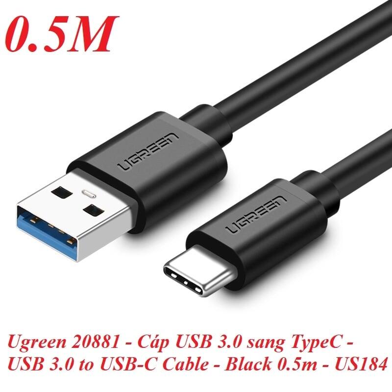 Ugreen UG20881US184TK 0.5M màu đen Cáp dữ liệu USB 3.0 sang Type-C truyền dữ liệu từ máy tính ra điện thoại dài - HÀNG CHÍNH HÃNG