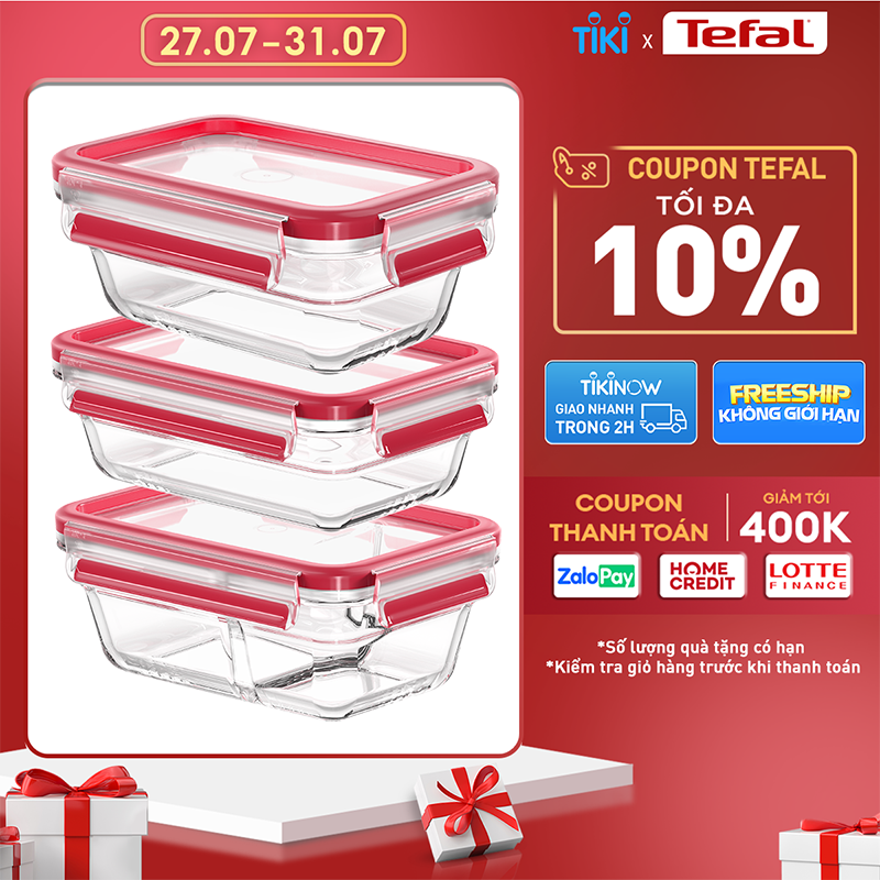 Bộ 3 hộp thủy tinh vuông Tefal Masterseal Glass 450ml, 700ml, 800ml - đỏ