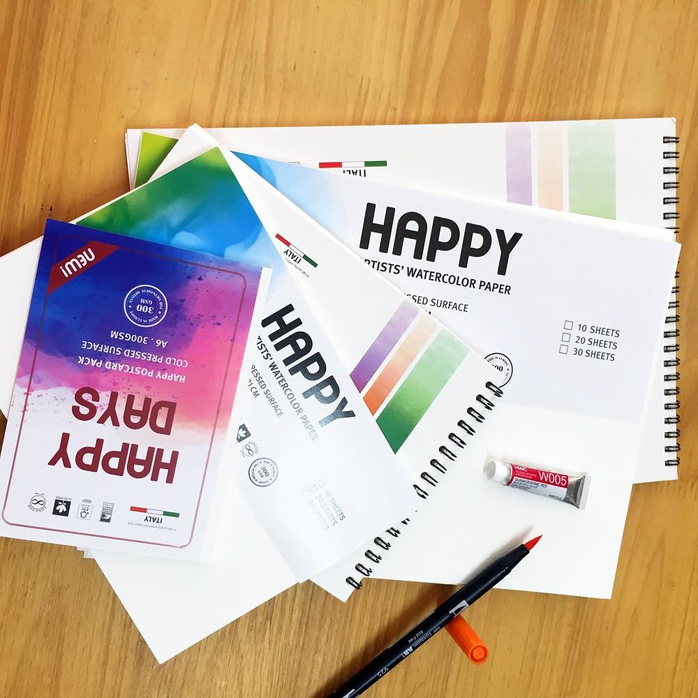 GIẤY VẼ MÀU NƯỚC POSTCARD HAPPY 300 GSM A6 (VÂN COLD, 10 TỜ), GIẤY VẼ 200 / 250 GSM (20 TỜ)