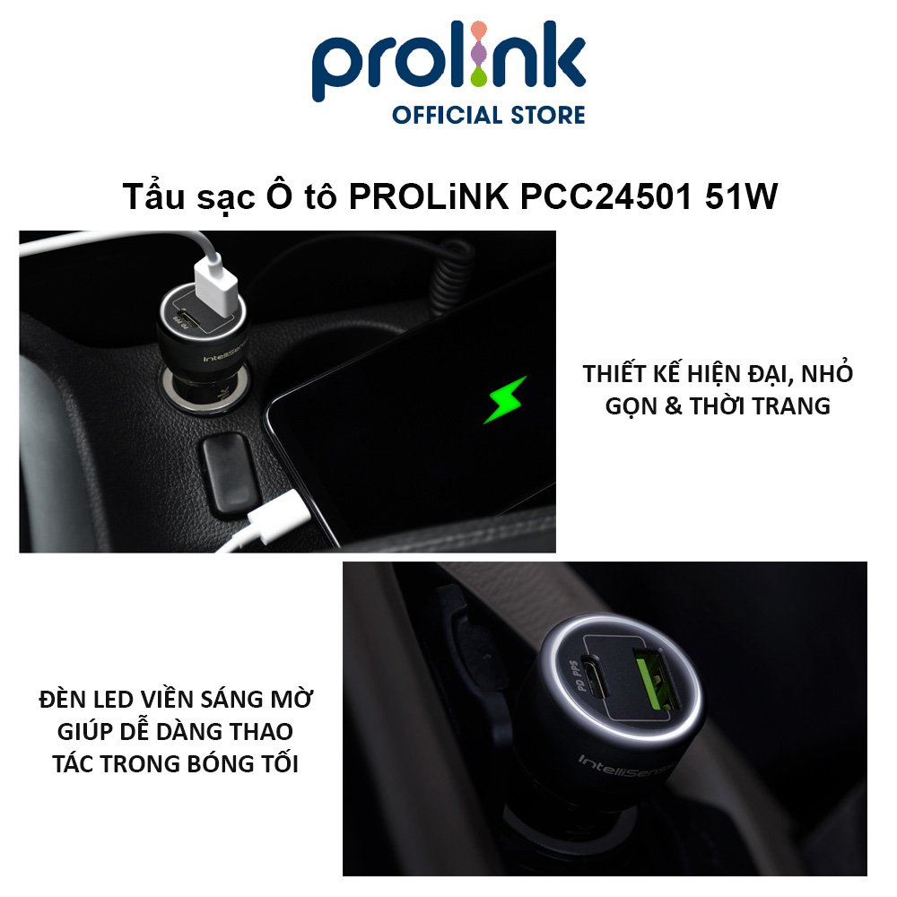 Tẩu sạc Ô tô PROLiNK PCC24501 51W 2 cổng USB-A QC 3.0 &amp; USB-C PD 3.0 IntelliSense, sạc nhanh cho thiết bị di động - Hàng chính hãng