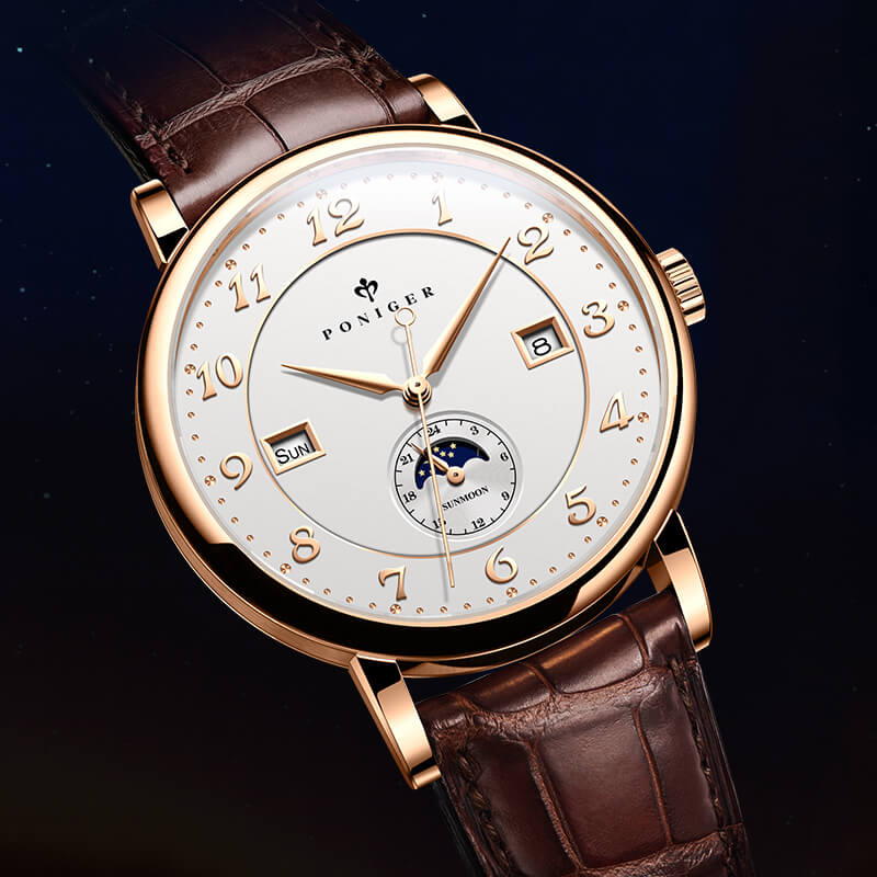 Đồng hồ nam Poniger P915-1 Chính hãng ,Kính sapphire nguyên khối ,chống xước,chống nước 50m,mặt trắng vỏ vàng hồng dây da nâu ( đen) xịn,vỏ máy thép không gỉ 316L,Đồng hồ cơ (Automatic) bảo hành 24 tháng, hàng mới 100%,thiết kế trẻ trung và sang trọng