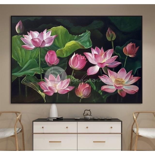 Tranh treo tường tranh CANVAS , Tranh sơn dầu( tranh vẽ tay)mẫu hoa sen kích thước 60* 80cm( kèm khung cao cấp