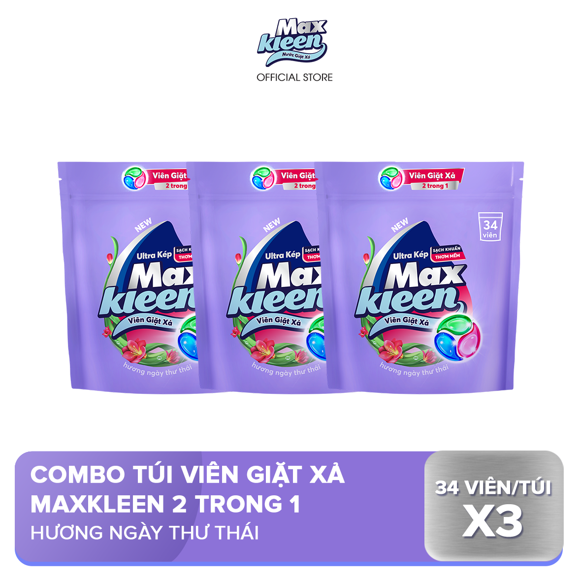 Combo 3 viên giặt xả MaxKleen hương ngày thư thái (34 viên/túi)