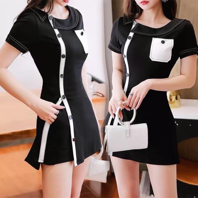 Set bộ short 2 món màu đen trắng sành điệu phối nút size M L XL 2Xl - Như hình - L