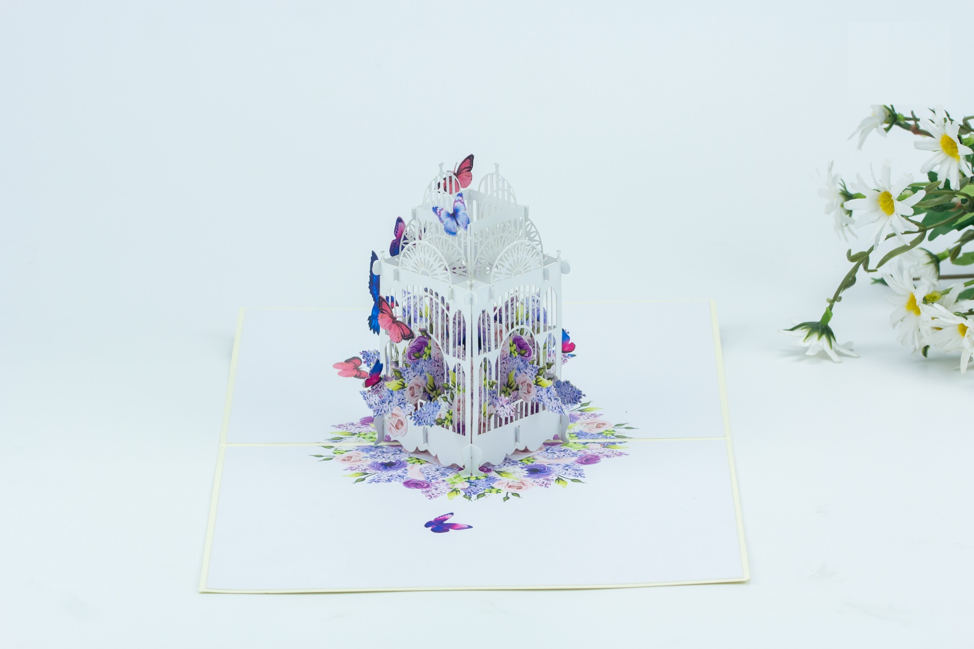 A06 -  Thiệp 3D Lồng Hoa &amp; Bướm Tím – Pop Up Card Viethands Giftshop