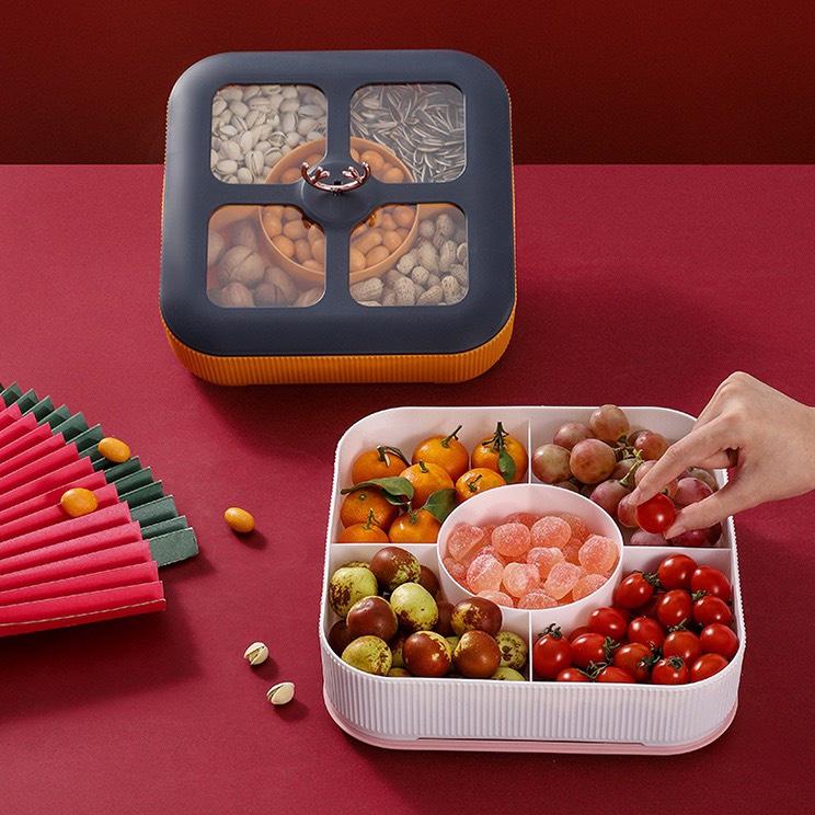 Hộp Mứt 2 Tầng 5 Ngăn Bằng Nhựa,Chất Liệu Lúa Đựng Bánh Kẹo Hoa Quả