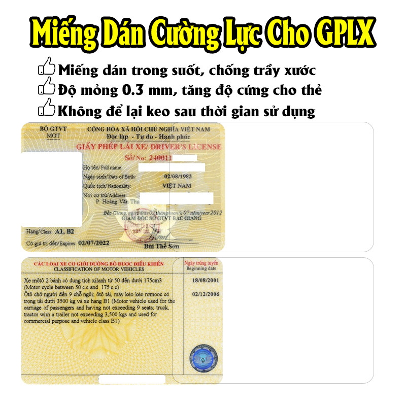 Miếng dán cường lực Nano bảo vệ CĂN CƯỚC CÔNG DÂN ; GIẤY PHÉP LÁI XE