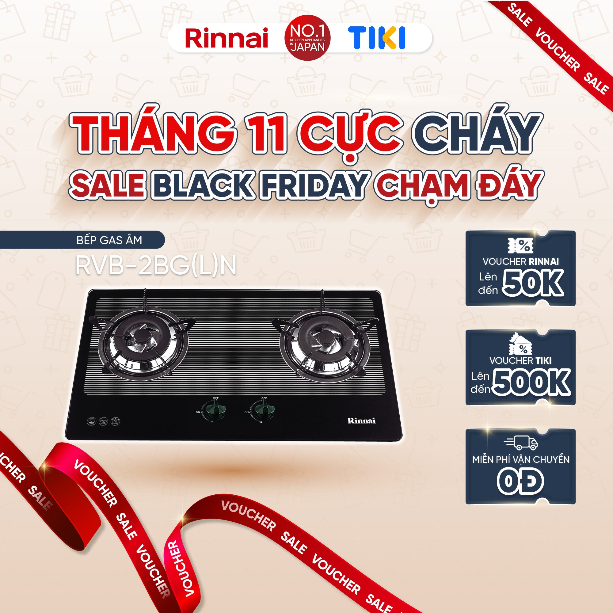 Bếp gas âm Rinnai RVB-2BG(L)N mặt bếp kính và kiềng bếp men - Hàng chính hãng.