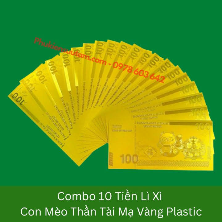 Combo 10 Tờ Lì Xì Con Mèo Thần Tài Mạ Vàng Plastic, kích thước: 15.5cmx7.5cm, màu vàng - SP005905