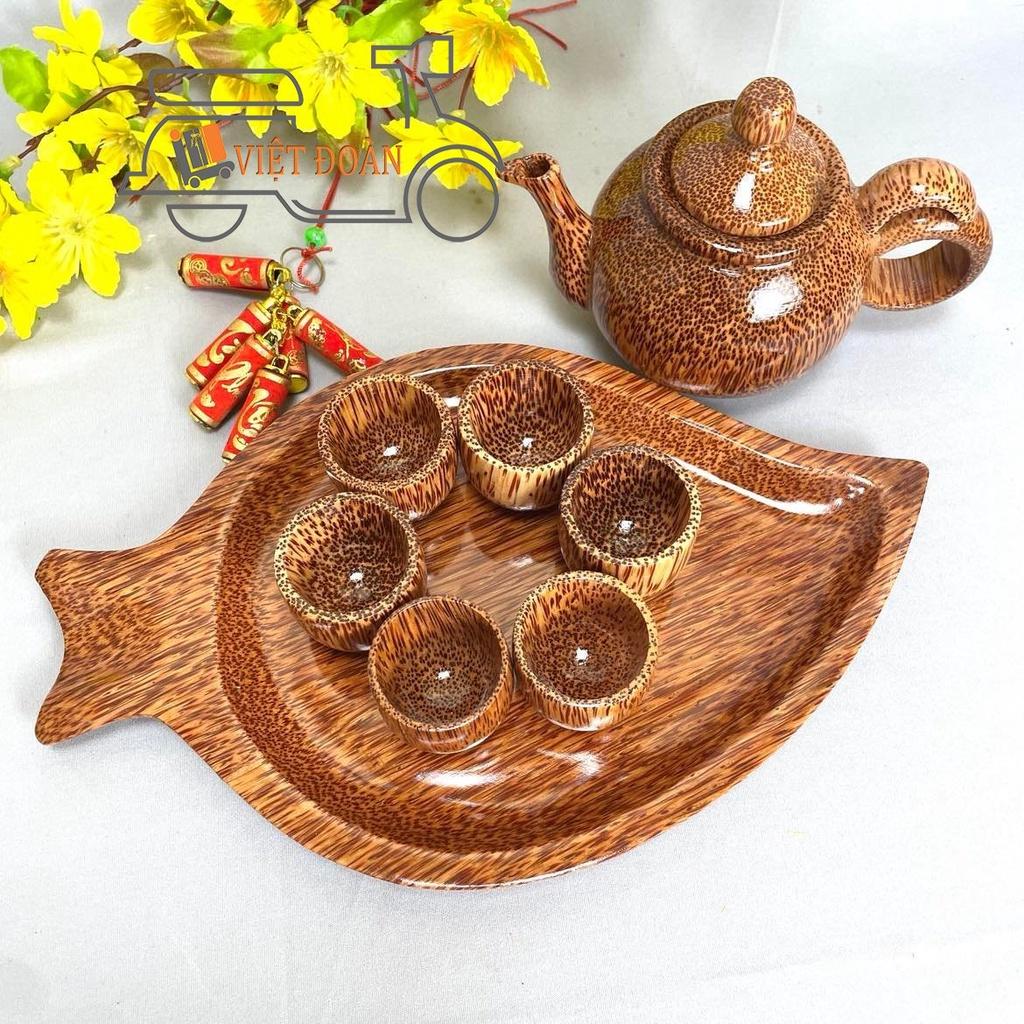 Khay trà, bộ tách trà bằng gỗ dừa - Bộ ủ ấm trà bằng trái dừa chữ thư pháp+ bình trả sứ .Hàng thủ công mỹ nghệ