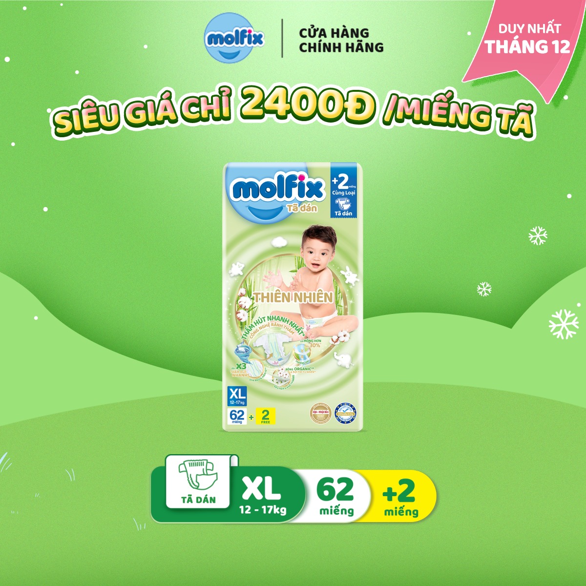 Tã/bỉm dán Molfix Thiên nhiên Super Jumbo XL - Gói 62+2 miếng