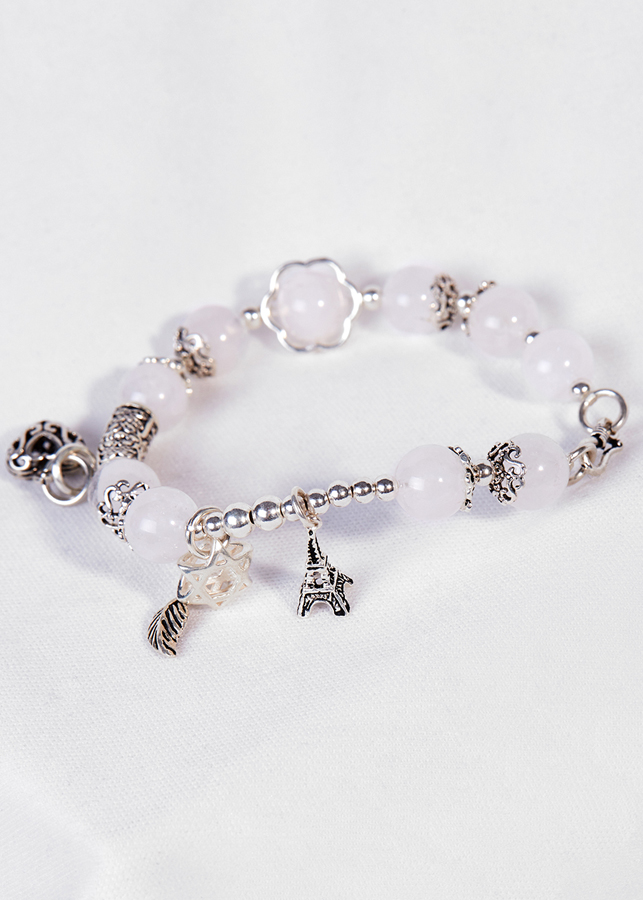 Vòng Tay Đá Thạch Anh Ưu Linh Trắng Phối Charm Trái Tim Bạc Ngọc Quý Gemstones