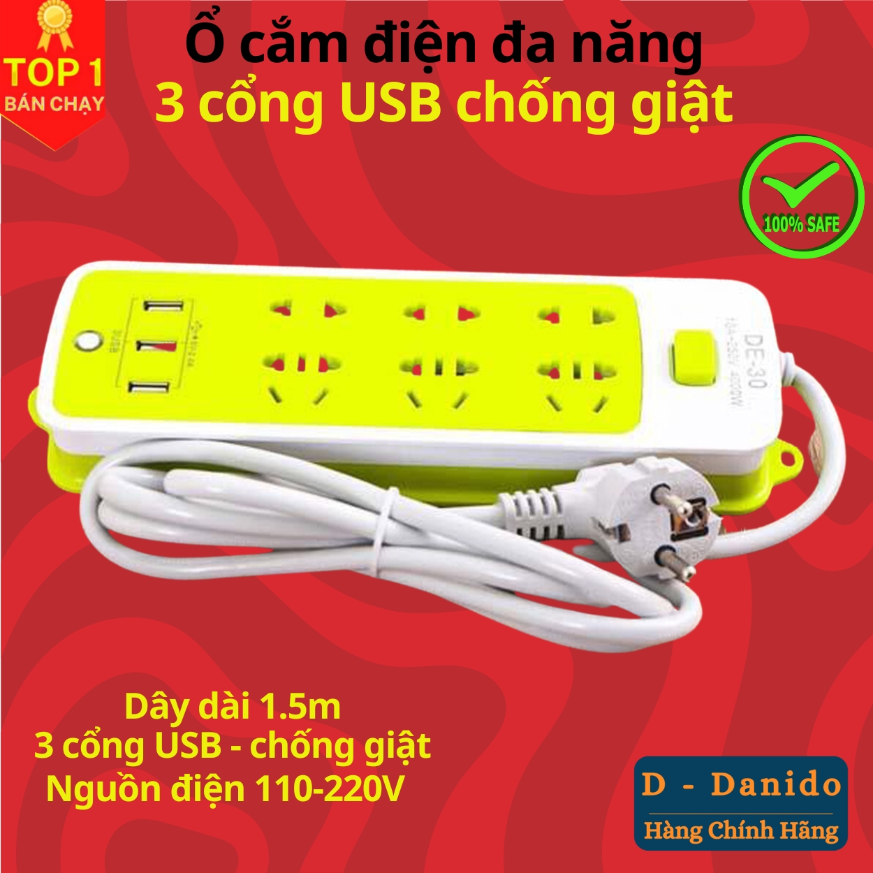 Ổ cắm điện đa năng chống giật cao cấp, Bộ ổ điện 6 phích cắm 3 cổng USB hiện đại