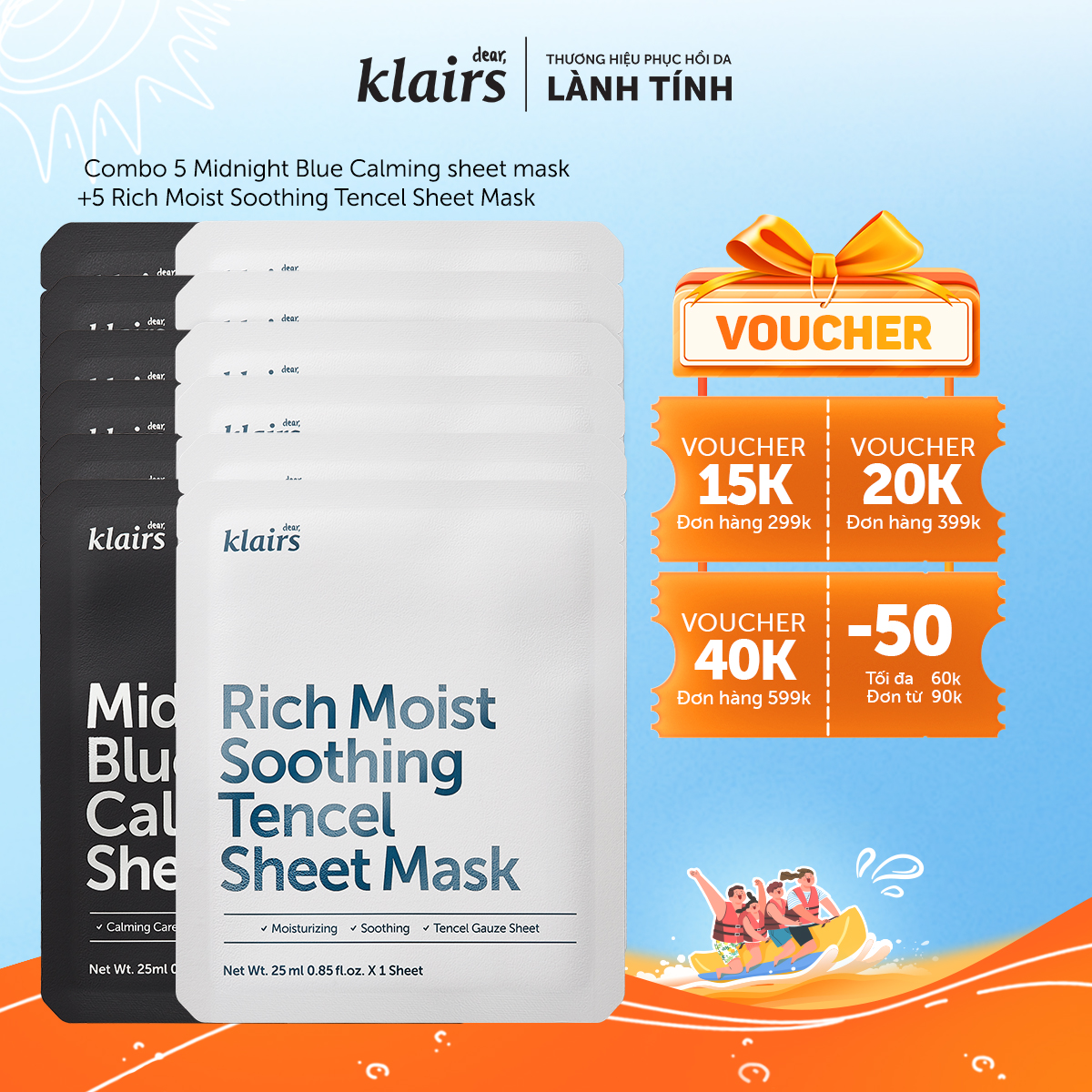 Combo 6 Dear, Klairs Mặt nạ giấy Midnight Blue Calming Sheet Mask 25ml+6 Rich Moist Soothing Tencel Sheet Mask 25ml
