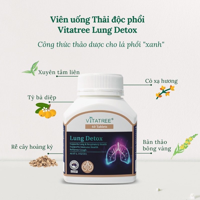 Bổ Phổi Úc Vitatree Lung Detox 60 Viên Giúp Hỗ Trợ Giảm Ho, Tăng Cường Sức Khỏe Hô Hấp, Hỗ Trợ Tăng Cường Sức Đề Kháng Cho Cơ Thể