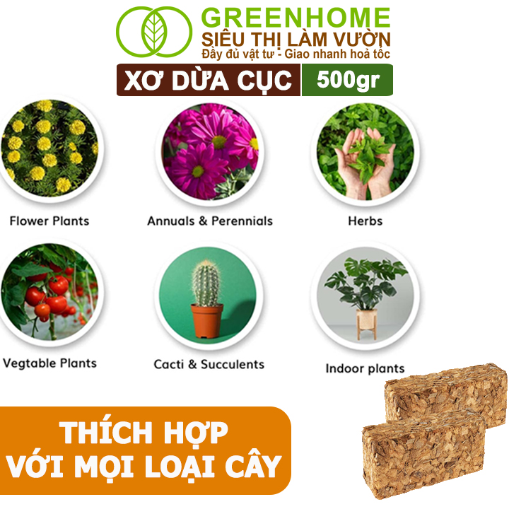 Xơ Dừa Cục Greenhome, Viên 500gr, Sơ Dừa Nén, Nở Gấp 5 Lần, Kích Thích Rễ, Thoát Nước Tốt Giá Thể Kiểng Lá, Phong Lan