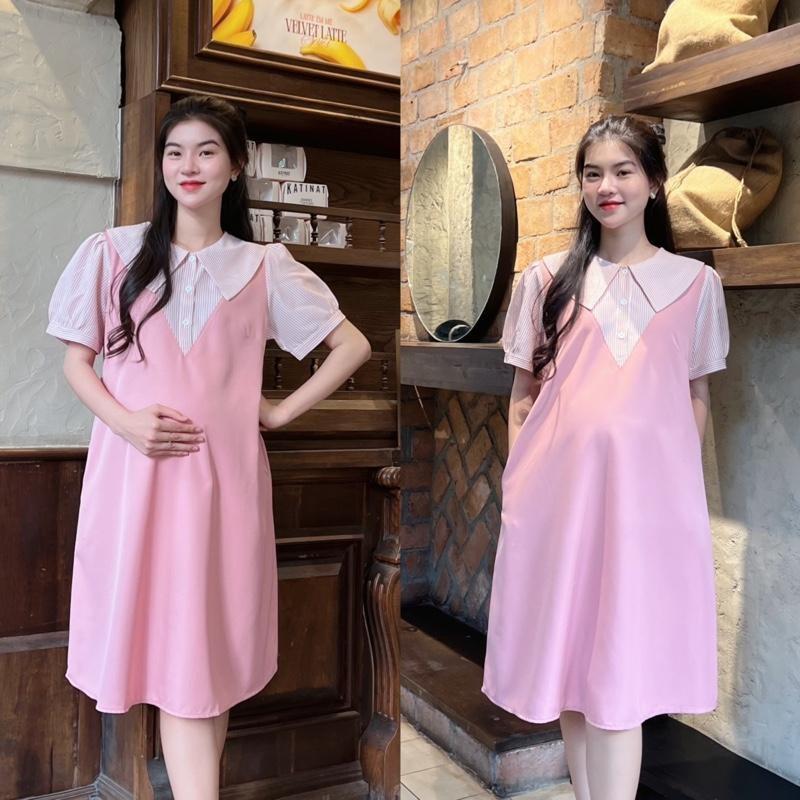 Đầm Yếm Bầu Công Sở Xinh Thiết Kế Dáng Suông Cổ Sen Phối Nút Chất Cotton Lạnh Mát Mẻ, Trẻ Trung - Xanh đen