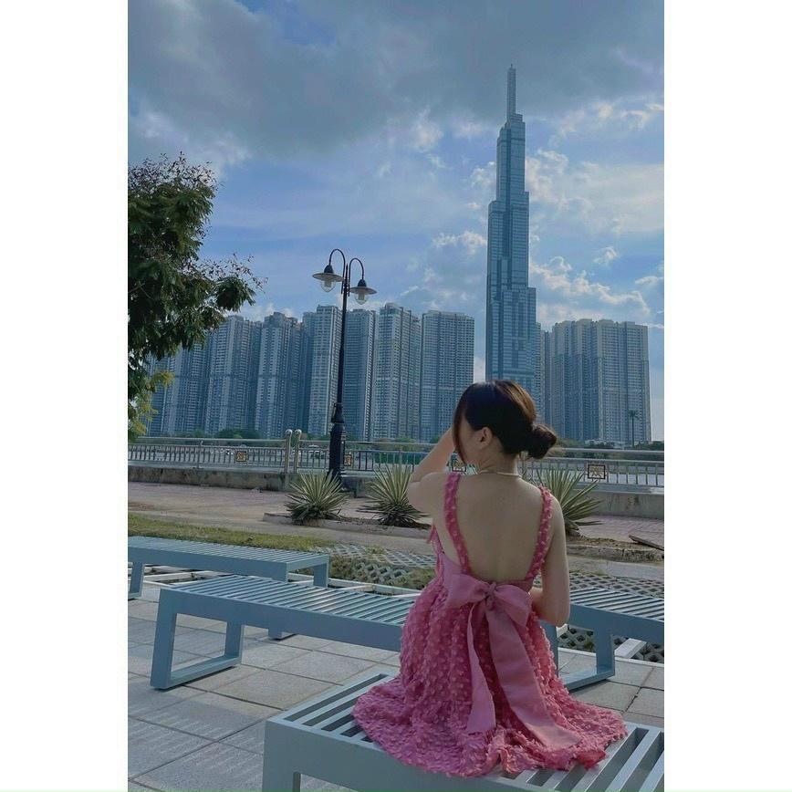 Đầm xoè xô bông 2 dây phối nơ xinh xắn