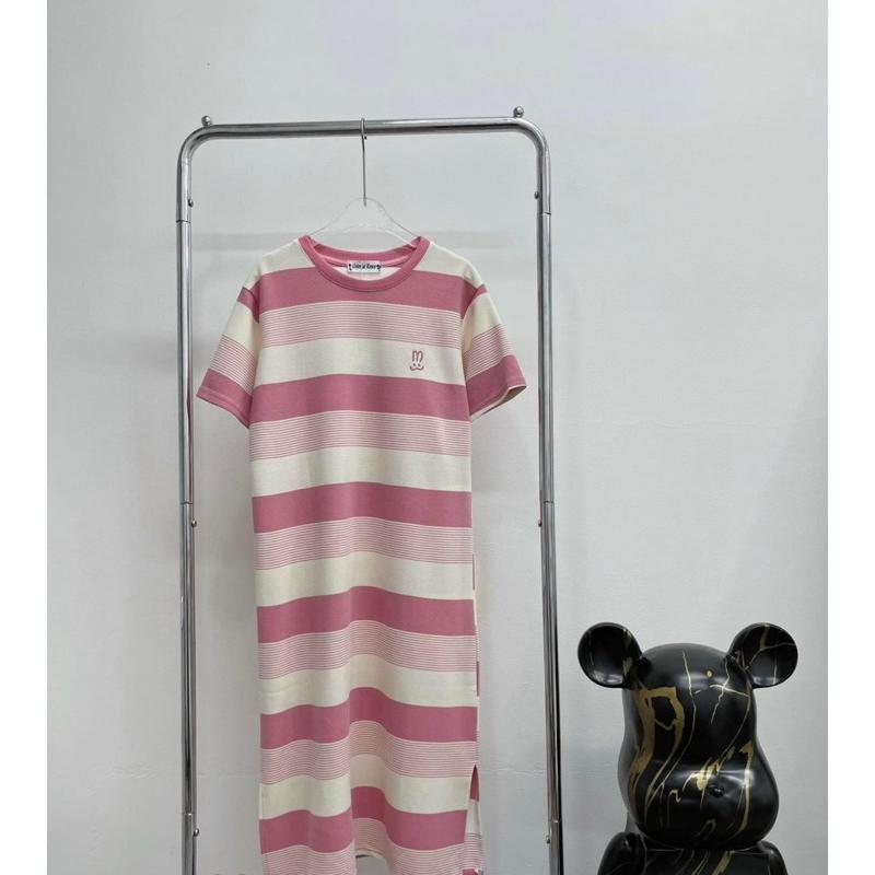 Váy V40, Đầm Suông Kẻ In Hình Tai Thỏ From Rộng, Dáng Dài Chất Cotton