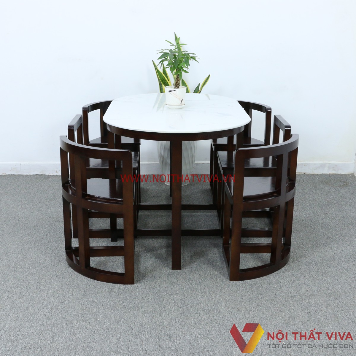 Bộ Bàn Ăn Xếp Gọn 6 Ghế Gỗ Sồi Nga Màu Nâu Mặt Đá Oval Tự Nhiên Đẹp - Bàn: 130 x 75 x 80cm ( dài x rộng x cao ) - Ghế: 70 x 55 cm ( cao x rộng )