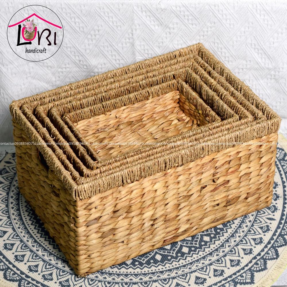 Lubihandicraft - Giỏ đựng đồ lục bình hình chữ nhật miệng bo cói bộ 6 - mộc mạc, tinh tế