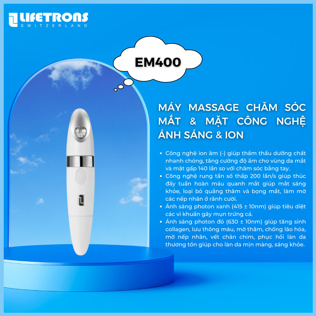 Máy massage mắt cầm tay công nghệ ánh sáng và ion đẩy dưỡng chất Lifetrons EM400 chống lão hoá, giảm nhăn rãnh cười