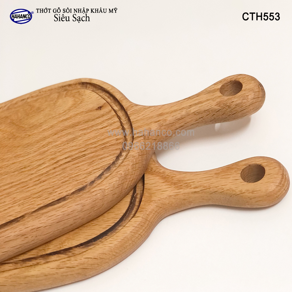 Thớt tay cầm gỗ Sồi Mỹ (OAK) có rãnh bao quanh tiện dụng (CTH553) hàng Xuất Khẩu Châu Âu - khay bánh mì/trái cây/ bít tết/ pizza/ phụ kiện chụp ảnh, bày món ăn trong nhà hàng - Sang trọng trên bàn ăn - HAHANCO