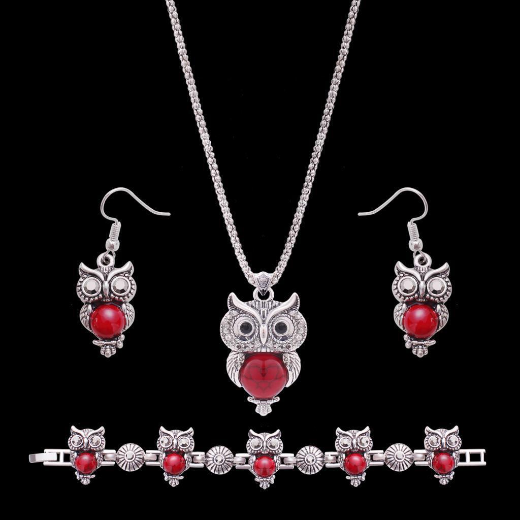 Pendant Necklace Earrings Bracelet Jewelry Set - Owl Red