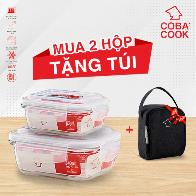 Mua 2 hộp đựng cơm thủy tinh trữ thức ăn thực phẩm chịu nhiệt chữ nhật 640ml 370ml TẶNG 1 túi giữ nhiệt - CCL6L32BS