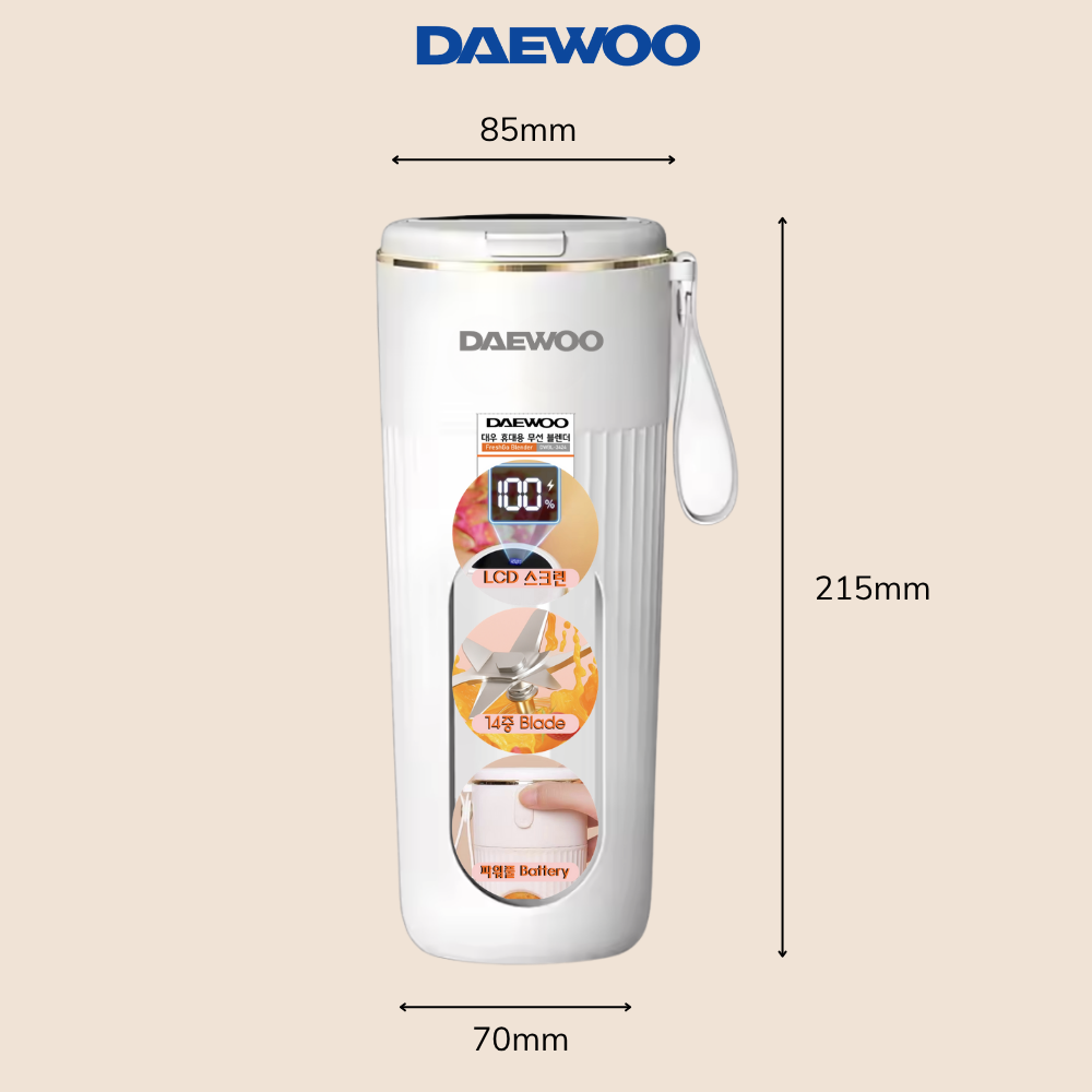 Ly Xay Cầm Tay DAEWOO DWBL-3424 (340ml) Hàng Chính Hãng - Ly Xay Sinh Tố, Trái Cây Mini tiện lợi, mạnh mẽ
