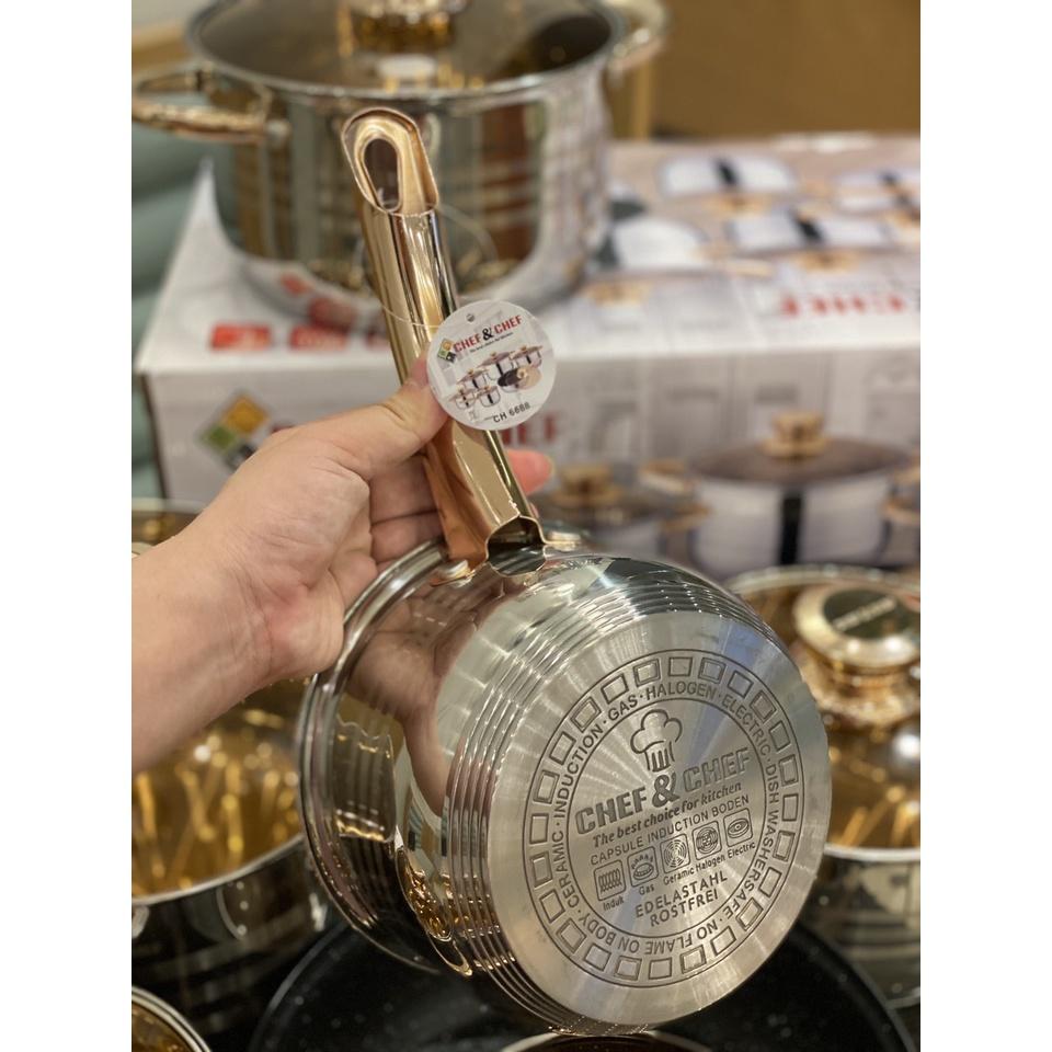 BỘ NỒI 6 MÓN 12 CHI TIẾT VUNG KÍNH CHEF&CHEF CÔNG NGHỆ ĐỨC