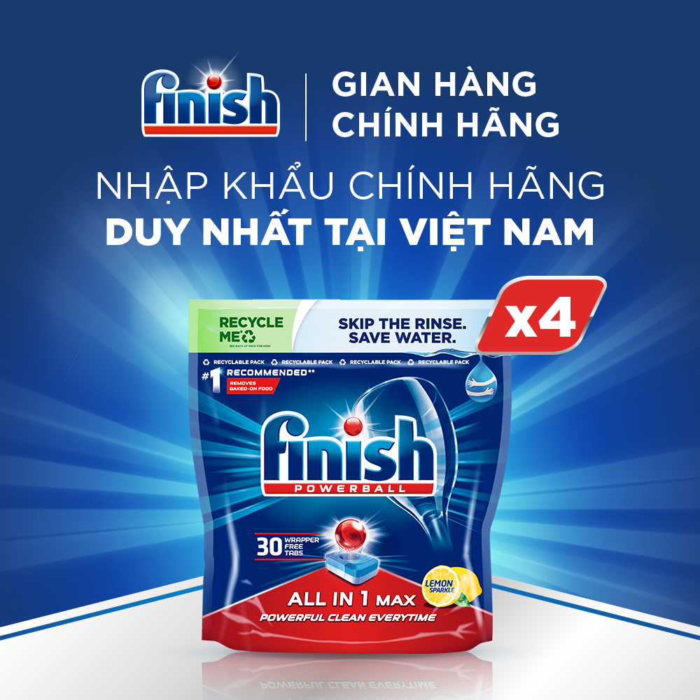 Combo 04 túi Viên Rửa Chén Bát Hương Chanh Finish Powerball All In 1 Max Lemon Sparkle 30 viên