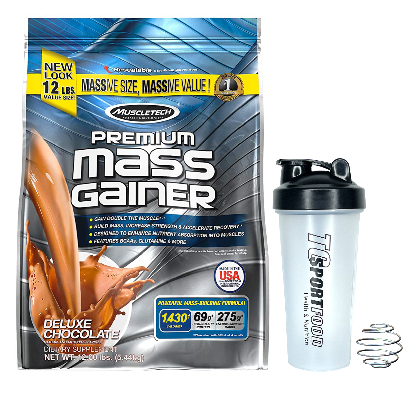 Combo Sữa tăng cân tăng cơ Premium Mass Gainer của Muscletech hương Chocolate bịch lớn 5.45kg hỗ trợ tăng cân tăng cơ nhanh cho người gầy, kén ăn, khó hấp thụ & Bình lắc 600ml (Mẫu ngẫu nhiên)