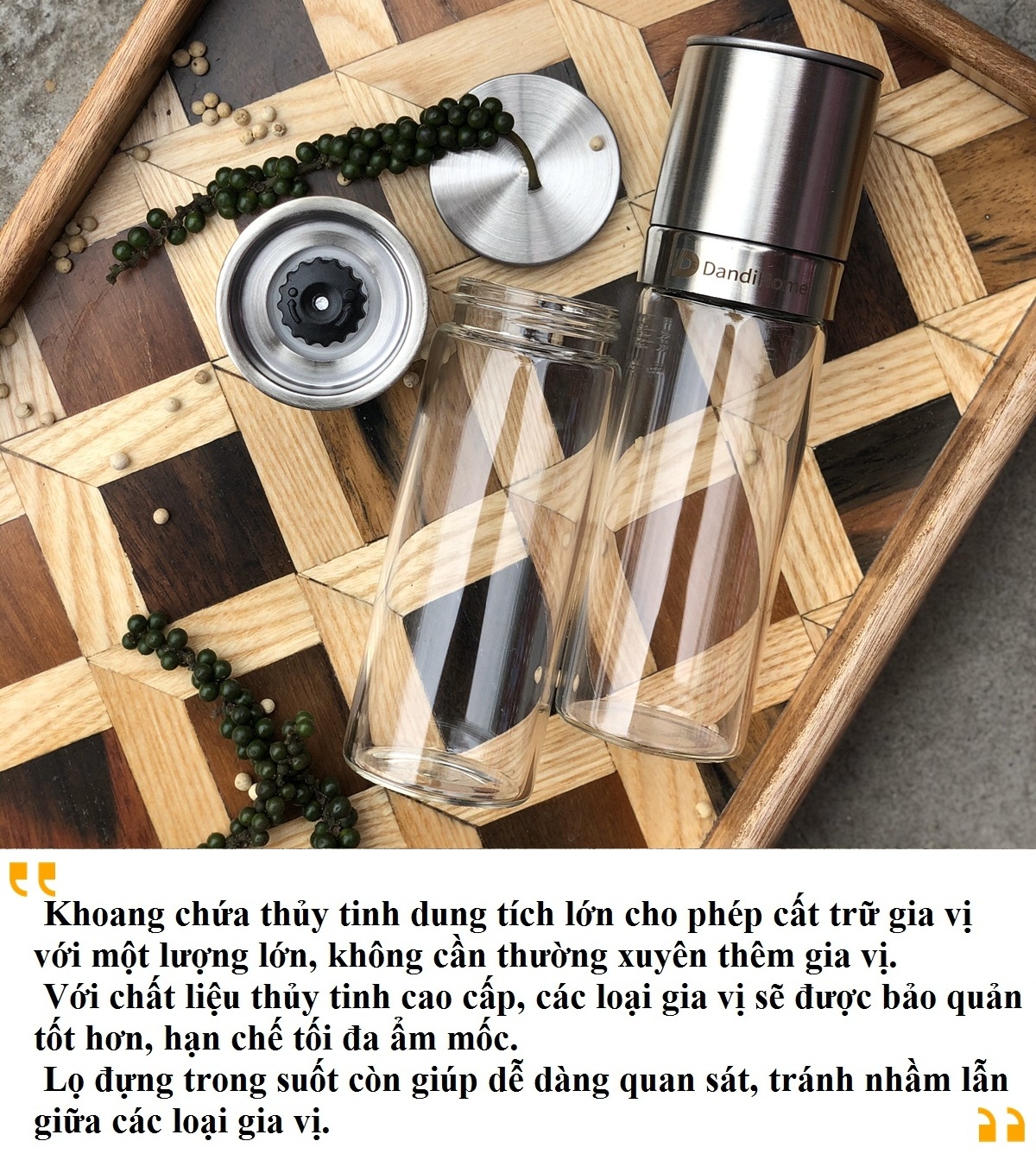 Lọ xay tiêu DandiHome inox 304, thủy tinh Borosilicat cao cấp trong suốt