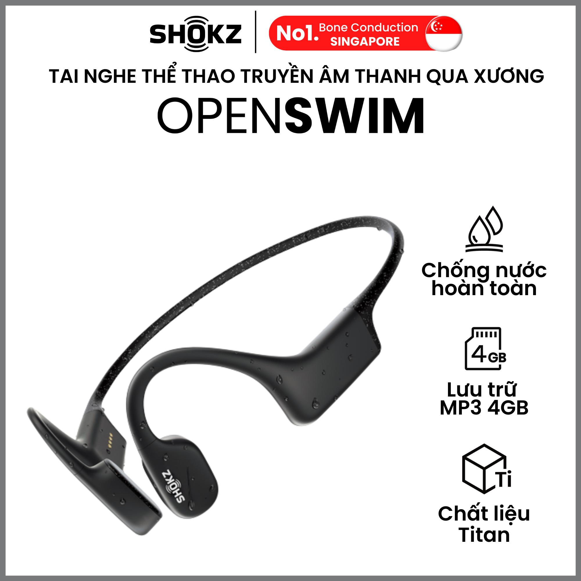 Tai Nghe Thể Thao Bơi Lội SHOKZ OPENSWIM Màu Đen - Truyền âm thanh qua xương Chống nước IP68 - Dung lượng lưu trữ 4GB cho 1200 bài hát - Hàng Chính Hãng