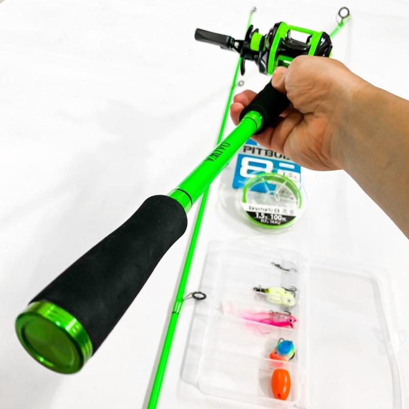 Bộ cần câu lure ngang carbon Red Wolf xanh lá máy câu ngang Xanh lá tặng bộ mồi câu và dây pe