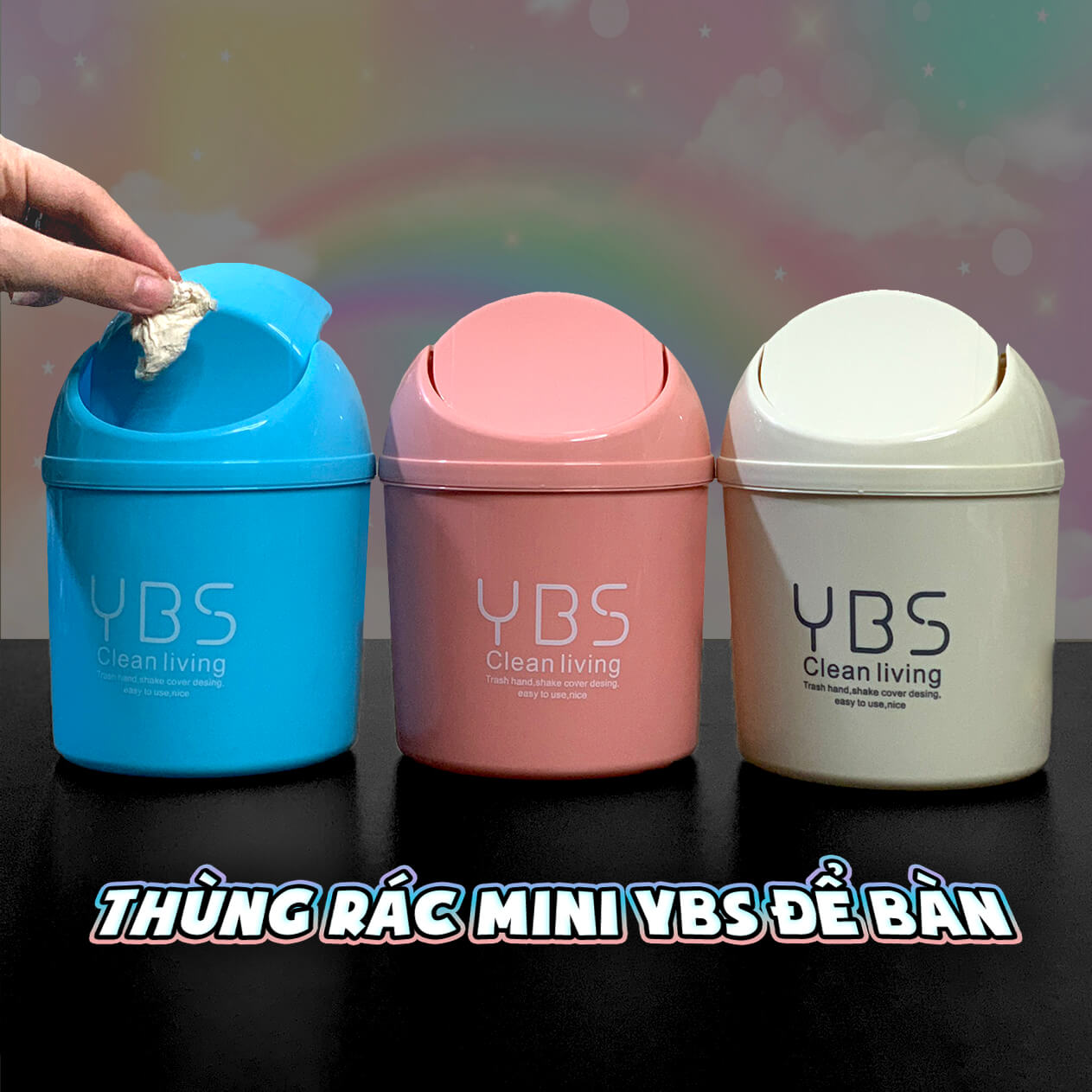 Thùng Rác Mini Để Bàn YBS Thùng Rác Nhỏ Cute Có Nắp Đậy Tiện Lợi 3 Màu Lựa Chọn