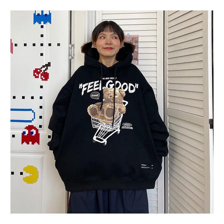 Áo Khoác Hoodie In Hình Gấu Ngồi Xe Đẩy Form Rộng Nam Nữ Unisex, hàng in nhiệt siêu đẹp