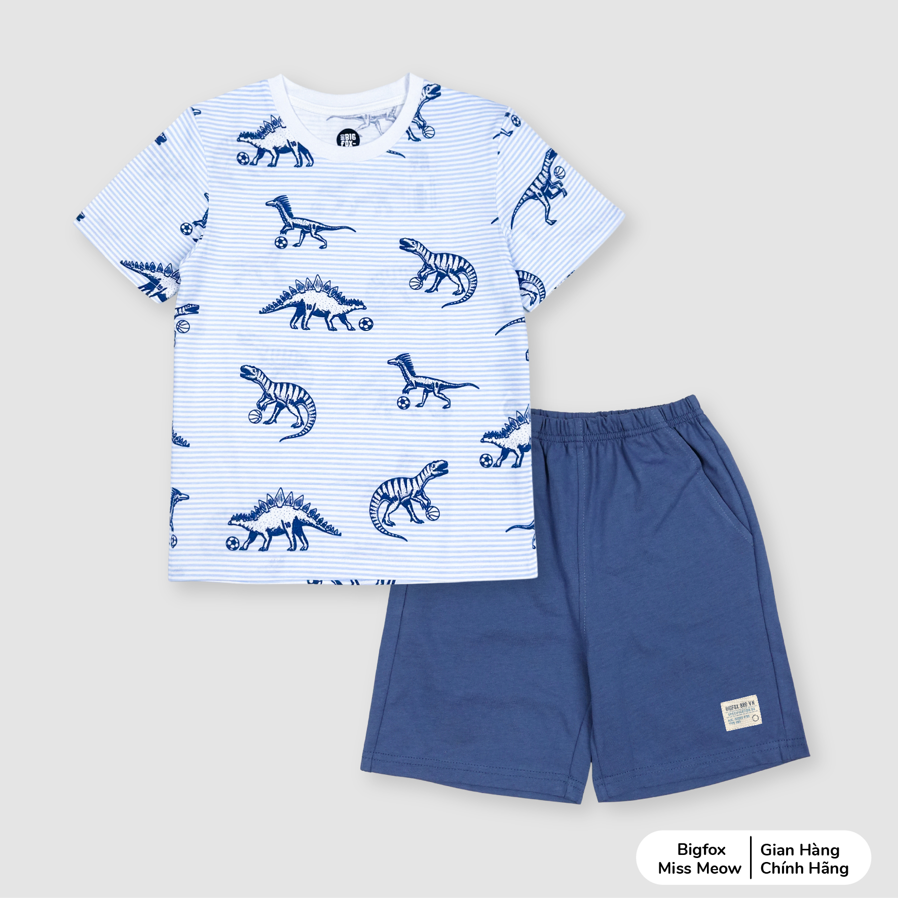 Bộ cộc tay cho bé trai Bigfox Miss Meow chất cotton size đại mùa hè in đẹp cỡ 3,7,9,11 tuổi 30kg 40kg