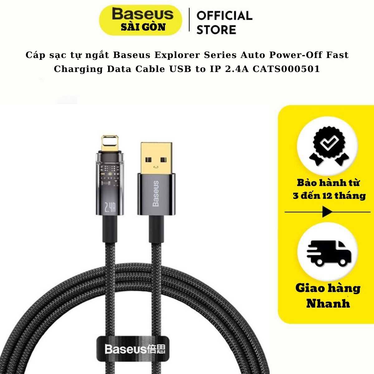Cáp sạc tự ngắt Baseus Explorer Series Auto Power-Off Fast Charging Data Cable USB to IP 2.4A sạc nhanh, truyền dữ liệu 480 Mbps cho I-phone CATS000501- Hàng chính hãng