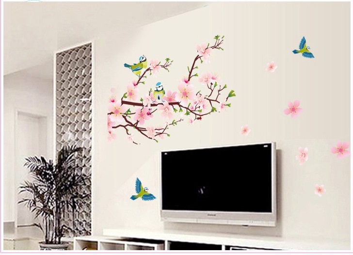 Decal dán tường cô gái dưới hoa đào lãng mạn